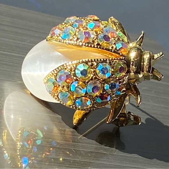 Aurora Borealis Crystal Rhinestone Gold Tone Bug Brooch Pin - Picture 8 of 13
